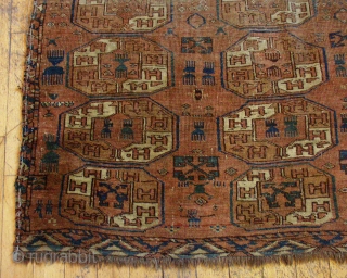 ANTIQUE TURKOMAN  STRANGE CARPET.  INTERESTING DESIGN WITH AN UNUSUAL VARIETY OF TRIBAL ELEMENTS. NEW ENGLAND FIND.  VERY DIRTY.  SOME HEAVY WEAR.  ASSYMETRIC KNOT.  APPEARS TO HAVE  ...