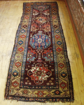 ANTIQUE VERAMIN LONG RUG.  NICE DESIGN.  MOSTLY GOOD PILE.  ALL NATURAL COLORS FEATURING PRETTY LIGHT BLUES.  SOME SCATTERED WEAR, ROUGH ENDS AND EDGES, OLD MOTH NIBBLES.  JUST  ...