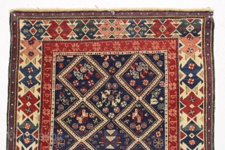 Antique seichour kuba rug with an interesting border. Near original condition with overall good thick pile and excellent tight weave. All natural colors including a beautiful old pink. Ends a bit unraveled  ...