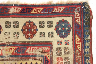 Early caucasain talish type rug with a few condition issues. Cut and shut across the center. Heavy wear, corrosion, tears, holes, and more. Not for everyone. Reasonably clean. Mid 19th c. or  ...