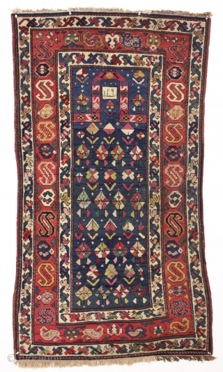 Antique dated small caucasian prayer rug featuring a terrific main border. Good condition with full thick pile. Wide range of good natural colors including at least two shades of insect cochineal along  ...