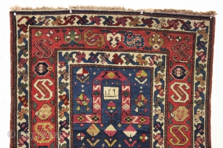 Antique dated small caucasian prayer rug featuring a terrific main border. Good condition with full thick pile. Wide range of good natural colors including at least two shades of insect cochineal along  ...