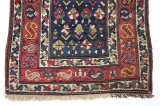 Antique dated small caucasian prayer rug featuring a terrific main border. Good condition with full thick pile. Wide range of good natural colors including at least two shades of insect cochineal along  ...