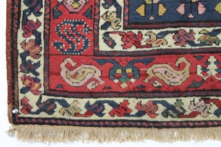 Antique dated small caucasian prayer rug featuring a terrific main border. Good condition with full thick pile. Wide range of good natural colors including at least two shades of insect cochineal along  ...