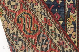 Antique dated small caucasian prayer rug featuring a terrific main border. Good condition with full thick pile. Wide range of good natural colors including at least two shades of insect cochineal along  ...