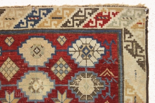 antique caucasian rug. Unusual little rug, maybe kuba or possibly avar, with a soft palette and some attractive archaic elements. As found, very dirty with some good pile and some wear as  ...