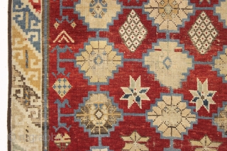 antique caucasian rug. Unusual little rug, maybe kuba or possibly avar, with a soft palette and some attractive archaic elements. As found, very dirty with some good pile and some wear as  ...