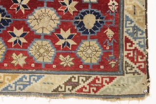 antique caucasian rug. Unusual little rug, maybe kuba or possibly avar, with a soft palette and some attractive archaic elements. As found, very dirty with some good pile and some wear as  ...