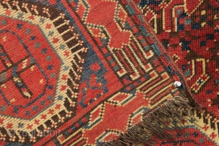 Antique small ersari beshir rug. Interesting example with a wonderful border and an abrashed blue ground. Reasonably fine weave. All natural colors with a fine red. "as found" condition, quite dirty, with  ...