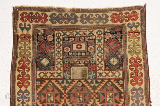 antique caucasian akstafa prayer rug. Classic long narrow format with aquared mihrab. "as found", unrestored and very dirty with scattered wear and a bit of edge damage. All natural colors. Good restoration  ...