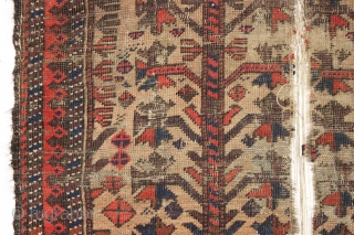 antique little camel ground baluch rug with tree elements and some unusual red dotting. I've never seen this before. Unfortunately this rug ran into a buzz saw and is nearly cut in  ...