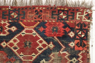 Antique ersari chuval. Large scale ikat inspired field design with a bold boreder and interesting elem panel. All natural colors. Bristly warps, probably goat hair. Creases, sewn tears, wear and assorted roughness  ...