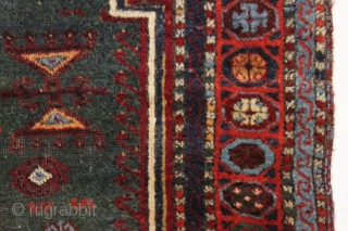 antique little east anatolian or yoruk prayer rug with a true green mihrab. Pile varies from good thick high pile to lower pile in center as shown. Few small creases. Good saturated  ...