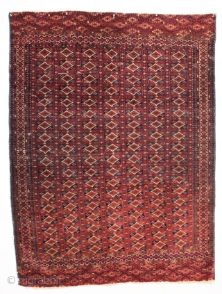 antique little tekke rug with interesting aina gul field and very nice elem panels. All natural colors and fine weave. Overall thin with even low pile. Looks like few original cotton or  ...