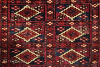 antique little tekke rug with interesting aina gul field and very nice elem panels. All natural colors and fine weave. Overall thin with even low pile. Looks like few original cotton or  ...