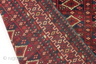 antique little tekke rug with interesting aina gul field and very nice elem panels. All natural colors and fine weave. Overall thin with even low pile. Looks like few original cotton or  ...