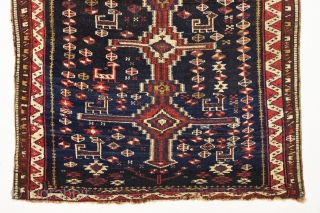 Antique Persian tribal rug, probably Luri, with an unusual flat weave inspired design. Beautiful all natural colors. Overall good condition with even pile. Interesting deep indigo ground with lines of natural brown  ...