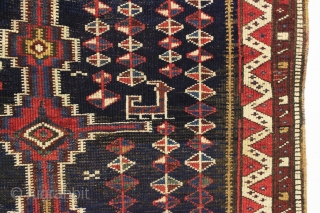 Antique Persian tribal rug, probably Luri, with an unusual flat weave inspired design. Beautiful all natural colors. Overall good condition with even pile. Interesting deep indigo ground with lines of natural brown  ...