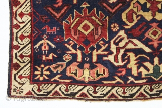 antique little bijov kuba rug in good condition. Characteristic bijov field motifs together with charming humans and animals. All natural colors. Overall even pile. Clean. No holes, tears and good original selvages.  ...