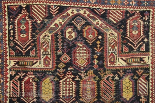 antique marasali prayer rug. Well drawn example of an iconic type. All natural colors. large serrated boteh filled with a good variety of designs.  Intact but thin with scattered wear as  ...