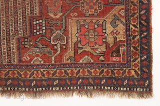 antique south persian qashqai rug with good design and older colors. "as found". very very dirty with heavy center wear as shown and priced accordingly. natural colors. all wool. late 19th c.  ...