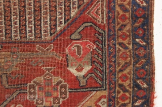 antique south persian qashqai rug with good design and older colors. "as found". very very dirty with heavy center wear as shown and priced accordingly. natural colors. all wool. late 19th c.  ...