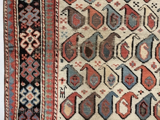 Antique Caucasian akstafa prayer rug from a New England home. Beautiful ivory ground example with all natural colors and good pile. Lovely purples, greens, light blues and of course the pretty akstafa  ...