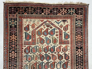 Antique Caucasian akstafa prayer rug from a New England home. Beautiful ivory ground example with all natural colors and good pile. Lovely purples, greens, light blues and of course the pretty akstafa  ...