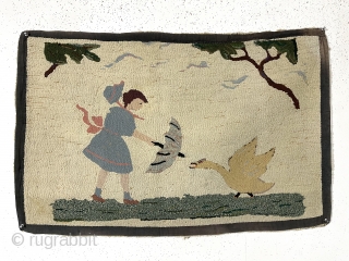 American hooked rug. Charming little rug. As found, needs a good cleaning. Pretty good condition with a few tiny edge pulls or glitch’s. 20th c. 25” x 38”     