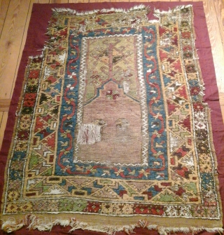 Konya Area Prayer rug, 140x105 cm, mounted on linen. The vitality and the vibrant border-colors ( not done justice by the photograph) of this ancient piece defy many a comparable piece. In  ...