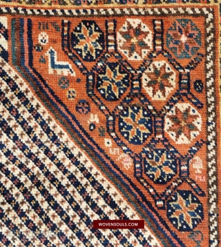 Village Nieriz South Persian Fishbone rug with stunning star lattice in the four corners separated by candy-stripes. One corner has an animal strolling amidst the flowers. Discounted for a limited time. Shipping  ...