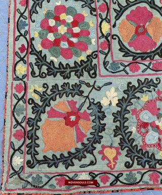 Rare blue base Bukhara Suzani. Silk on cotton. Has a printed backing cloth. Has repairs. Read more here https://wovensouls.com/collections/antique-persian-rug-carpet              