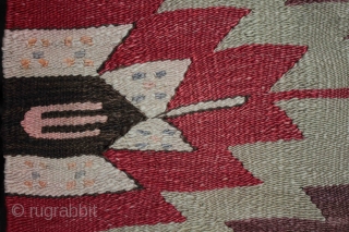 An old “eye dazzler” Manastir kilim from the Kotel region of central Bulgaria from about the 1930s. Finely woven wool on fine cotton warp, natural and aniline dyes (incl. orange). Faded on  ...