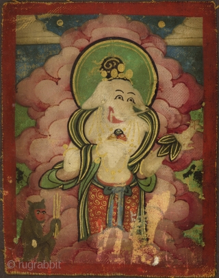 An early 19th century Mongolian tsakli miniature painting of Ganapati (the Hindu god Ganesha) shown with companion monkey (Hindu Hanuman). 80x63mm

Tsakli are small thangkas used for personal meditation or teaching. Ganapati holding  ...