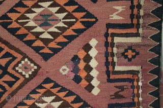 A large old east Afghan tent kilim. Hand spun dyed brown/purple sheep wool in the field/background with some abrash and natural white wool and I a combination of natural and synthetic dyes  ...