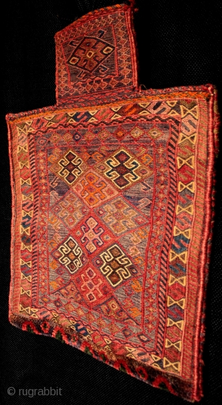 A very attractive fine old soumak Bakhtiari salt bag from east Anatolia or Kurdistan. Highly skilled and detailed embroidery work in a beautifully balanced colour palette with piled base and striped kilim  ...