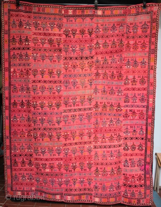 Found in Anatolia but I believe to be a Kurdish or Iraqi? A large blanket with unusual and interesting dancing woman motifs. Woven on a narrow hand loom in five long sections,  ...