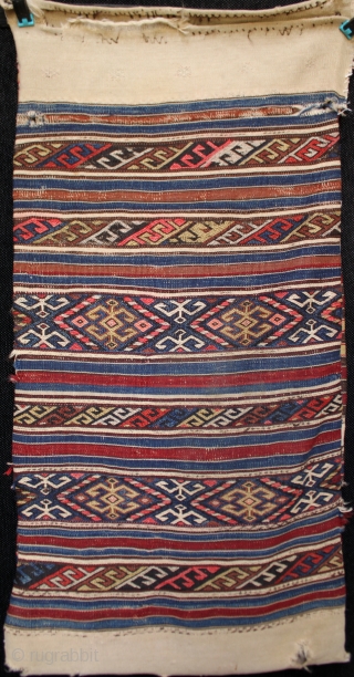 A complete Kilaz tribe Anatolian chuval from the Bergama region of west Anatolia. Good drawing of finely embroidered soumak bands. About 80 years old. Size 110x55cm.

For more detailed photos see the link  ...