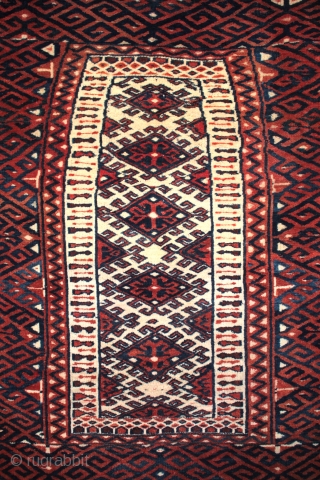 Rare type of Goklan tribe Turkmen saddle rug or ‘tscherlik’

Finely knotted with well drawn multiple keyed Bastani guls and in exceptional condition.
Not later than 1st quarter 1900s, size 109x105cm.

For more photos see:  ...