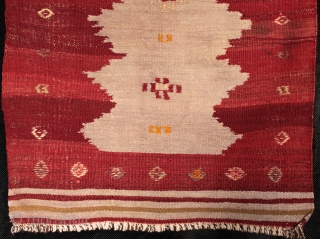 Very unusual old small prayer Manastir kilim with central cotton prayer niche and çiçim decoration including name or signature.

A knowledgeable Rugrabbit member kindly suggested that this interesting kilim may have been: "woven  ...