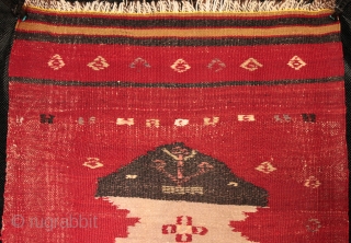 Very unusual old small prayer Manastir kilim with central cotton prayer niche and çiçim decoration including name or signature.

A knowledgeable Rugrabbit member kindly suggested that this interesting kilim may have been: "woven  ...