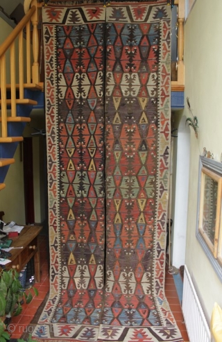 A spectacular 14 foot long antique Anatolian marriage kilim from Aksaray. Great colours and abrash and some interesting colour variations between the left and right halves woven by the bride and groom's  ...