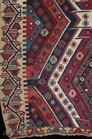 Fine Antique Anatolian Kilim from Sivas. Intricate meander/running water border, good colours and finely drawn motifs, well saturated natural dyes. Both dyed and natural ivory white wool & white cotton weft on  ...