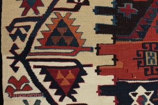 Fine Antique Anatolian Kilim from Sivas. Intricate meander/running water border, good colours and finely drawn motifs, well saturated natural dyes. Both dyed and natural ivory white wool & white cotton weft on  ...