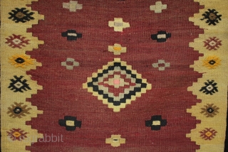 An interesting small Muhajir prayer kilim with çiçim embroidered burdock motifs and minimalist tree of life - bowl? motif in the prayer niche and striped kilim ends. This unusual kilim with some  ...