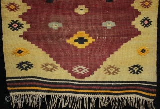 An interesting small Muhajir prayer kilim with çiçim embroidered burdock motifs and minimalist tree of life - bowl? motif in the prayer niche and striped kilim ends. This unusual kilim with some  ...