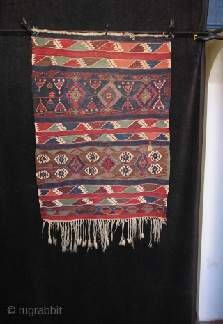 Small circa 3rd quarter 19th century Anatolian kilim from Malatya, probably Sinan village or one of the surrounding villages now also under the Karakaya dam. The top fringe plaited in Kurdish style  ...