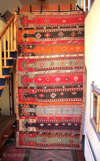 Big long nine saf Sivas kilim with an archaic saf design going back to at least the 18th century, not quite antique - 1920s/30s? but nevertheless a striking and unusual kilim which  ...