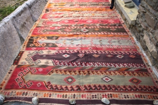 Big long nine saf Sivas kilim with an archaic saf design going back to at least the 18th century, not quite antique - 1920s/30s? but nevertheless a striking and unusual kilim which  ...