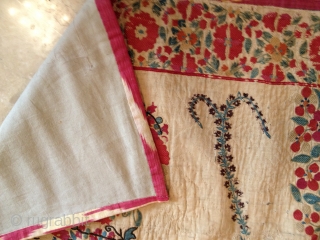 SOZANE NUORATA MID 19TH CENTURY  SPECTACULAR SOFT OASIS COLORS  VERY DELICATE EMBOIDERY .ON THIN LINEN 170/240 CM .WHIT COTTON LAYER,IKAT FRAME.SOME SMALL PLACES THE LINEN IS DONE.COLLECTIBLE ITEM/NUSEM PIACE.TEL NO  ...